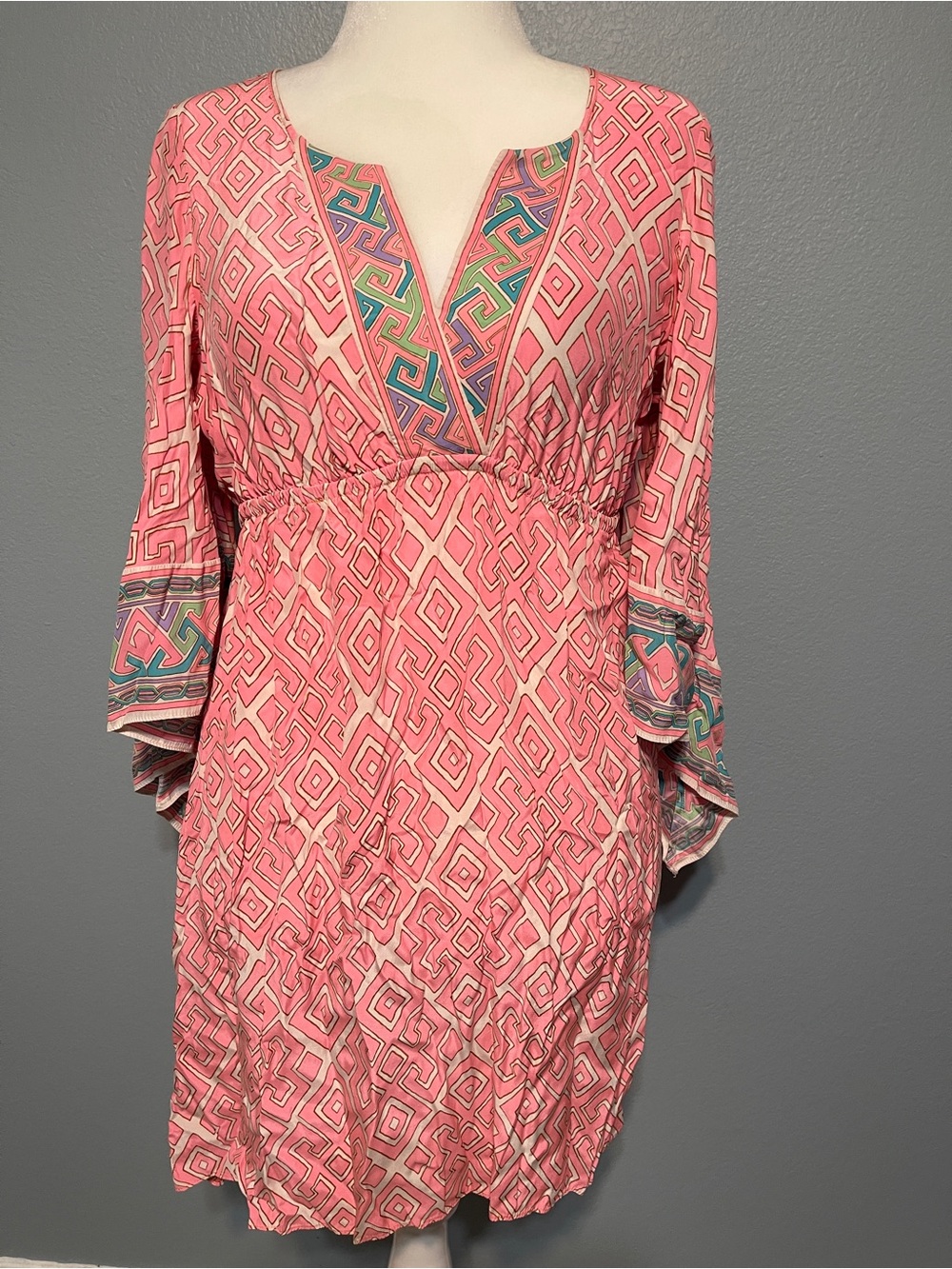 Alice & Trixie Pink Geometric Silk Dress Bell Sleeve Boho Resort Y2K Large